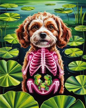 Cute dog x ray illustration with glowing skeleton and frogs in belly, whimsical veterinary anatomy art in vibrant lily pond scene