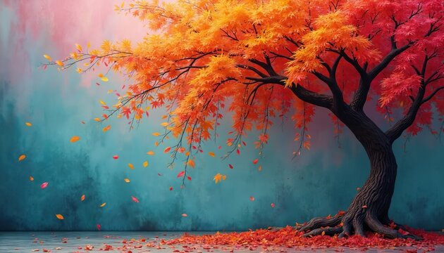 Tree with bright red and orange leaves. Falling leaves scattered around ground. Abstract painterly background wall with pink and teal gradient colors.
