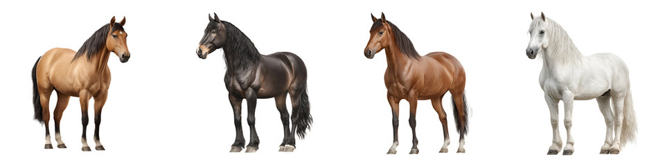 Naklejka premium Elegant Horse Breeds: Buckskin, Black, Bay and White Horses Isolated on White