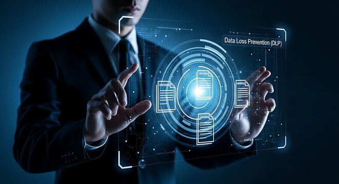 Data Loss Prevention (DLP) concept. A security specialist's hands implement a holographic filter that prevents documents classified as 'confidential' from leaving the network.