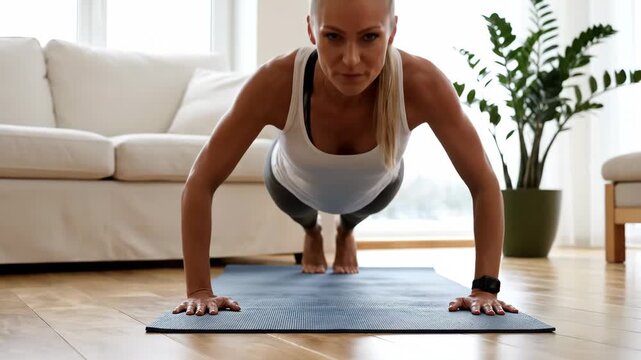Fit woman performing push-ups at home on a yoga mat, building strength and endurance