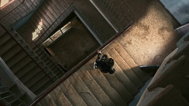 Man descends the steps of a large stairwell with regular geometry. Top view