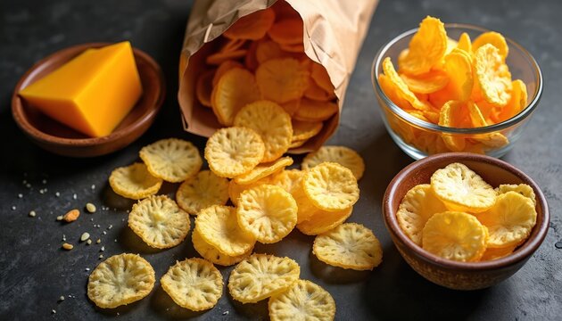 Various potato chips and cheese snack pieces are scattered on dark surface. Crispy yellow snacks are in bowls and spilling from paper bag. Delicious crunchy treats ready for party.