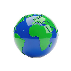 Fototapeta premium A stylized 3d icon of the planet earth, featuring glossy plastic landmasses in emerald green and oceans in sapphire blue, isolated on white, with soft shadows. concept of global sustainability