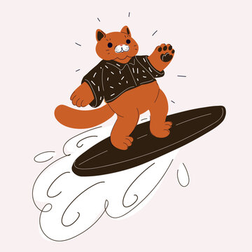Cartoon vector illustration of cat surfing on a wave with surfboard