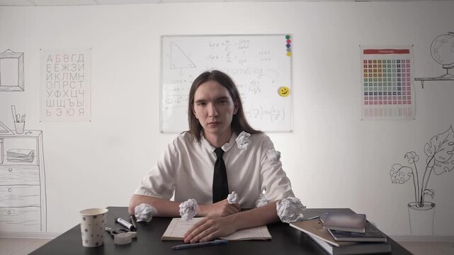 Crumpled papers from classmates fly into the face of a young student with long hair in slow motion. Bullying at school.