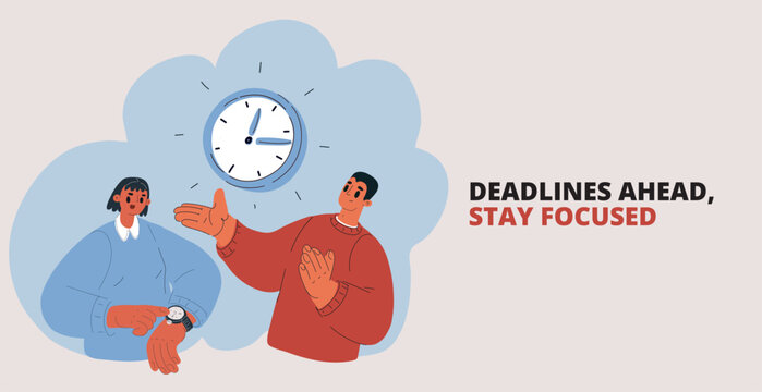 Cartoon vector illustration of people with clocks, one pointing at time and another holding a large clock face, symbolizing time management and awareness