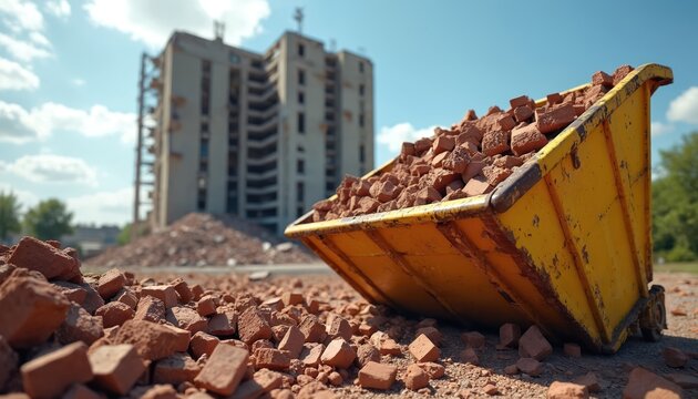 Yellow skip overflowing with brick rubble from demolished building. Site shows debris pile and skeletal structure against blue sky. Construction and urban renewal context.