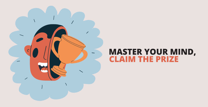 Cartoon vector illustration of man with trophy inside his head, symbolizing success mindset and achievement