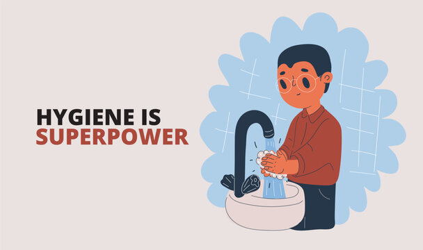 Cartoon vector illustration of boy washing hands in sink, symbolizing hygiene, care, and healthy habits
