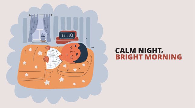 Cartoon vector illustration of boy sleeping in bed, dreaming of imaginative adventures, symbolizing imagination and peaceful rest