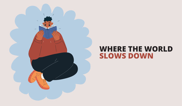 Cartoon vector illustration of man reading a book, symbolizing knowledge, imagination, and discovery