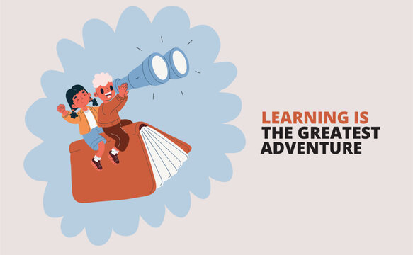 Cartoon vector illustration of boy and girl riding a flying book, using binoculars and telescope, symbolizing imagination and adventure