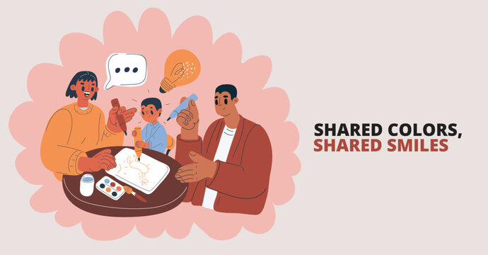 Cartoon vector illustration of family with young child drawing at a table, symbolizing creativity, bonding, and shared imagination