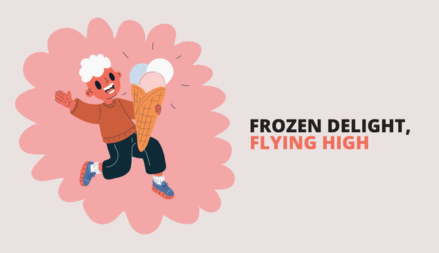 Cartoon vector illustration of boy running with ice cream, symbolizing joy, playfulness, and childhood delight