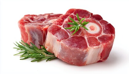 Fototapeta premium Italian Dish Osso Buco: Sliced Raw Veal Meat With Marrow Bone Presented On White Background, Perfect For Traditional Italian Cuisine.