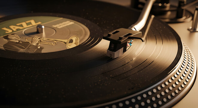 Close-up shot of a vintage record player with a jazz vinyl album spinning, showing the stylus on the groove.