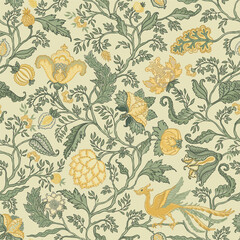 Naklejka premium Detailed Jacobean chintz seamless vector pattern with rich flowers, foliage, and fantastic creatures. Vintage ornamental design inspired by classic textile prints and traditional decorative art.