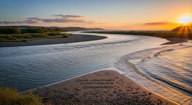 Winding River Flows Towards the Sea at Sunset