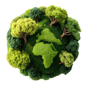 Miniature Earth globe covered in lush green forest and moss featuring Africa on a white background symbolizing environmental themes