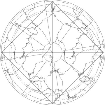 Technical cartographic drawing showing a polar azimuthal projection of the world map with latitude and longitude grid lines and diagonal crosshairs.