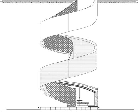 Technical architectural section drawing showing modern spiral staircase with curved landings, hatched steps and continuous helical form for vertical circulation.