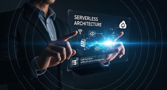 Serverless architecture concept. A cloud specialist's hands configure a holographic architecture where code functions execute on demand without visible server management.