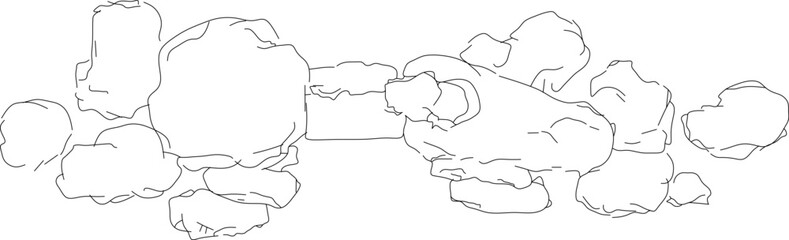 Technical landscape plan view drawing showing a cluster of irregular boulders and rocks arranged in a natural formation for garden or site design. © Riki