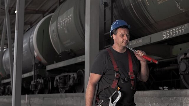 Professional oilman walks along a train of tank cars with fuel and carries a tool in his hands