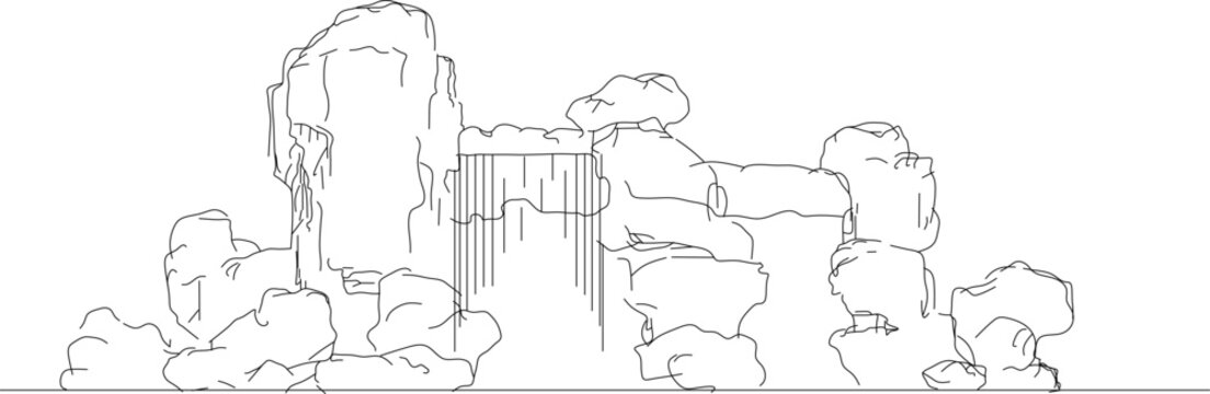 Technical landscape elevation drawing showing natural rock formation with waterfall feature, boulders and cascading water for garden or site landscape design.