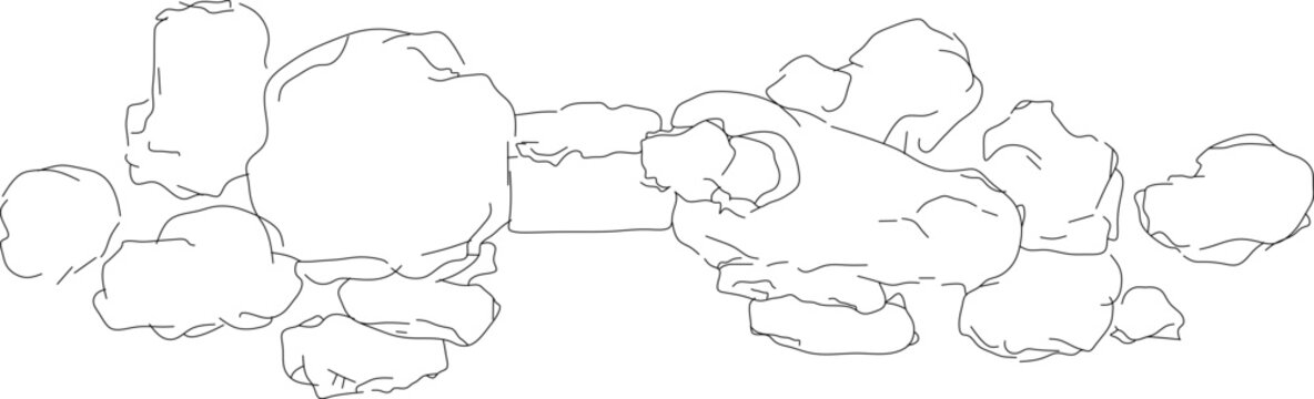 Technical landscape plan view drawing showing a cluster of irregular boulders and rocks arranged in a natural formation for garden or site design.