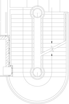 Technical architectural plan view drawing showing a curved staircase with radial steps, oval central railing feature, and directional arrows for circulation.