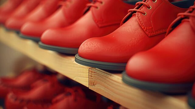 Red Shoes on Wooden Shelf: A row of vibrant red shoes meticulously arranged on a rustic wooden shelf, showcasing the appeal of footwear. The image highlights texture and form