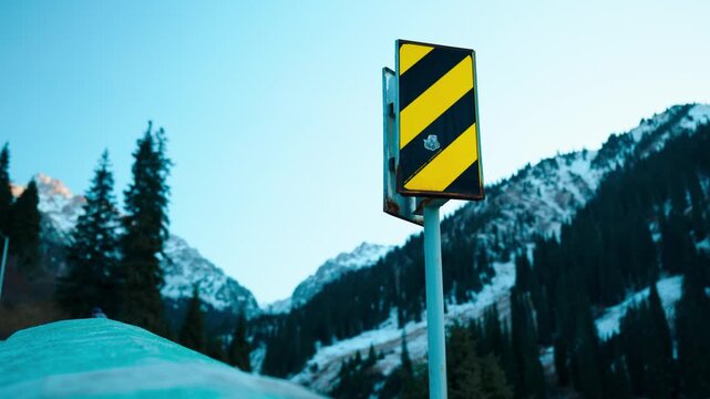 Road Warning Sign in Mountain Area Safety and Transport Concept