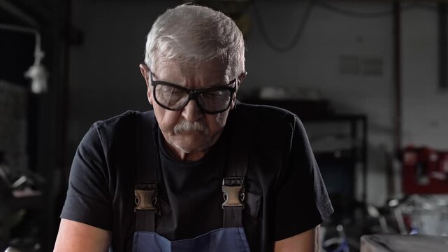 Gray-haired turner with glasses works at the lathe in the factory. Cinematic
