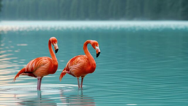 Flamingos in Tranquil Waters: A pair of vibrant flamingos stand gracefully in calm, turquoise waters, their elegant forms reflecting the serenity of the environment.