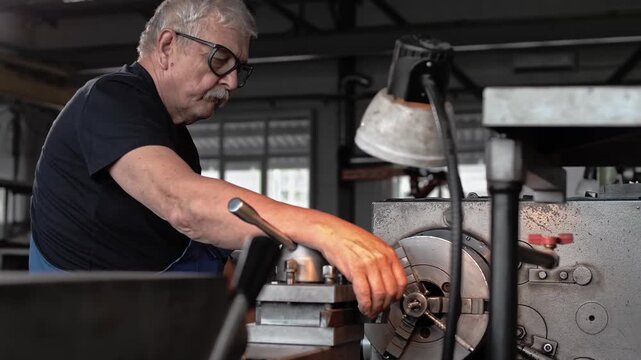 Professional locksmith with extensive experience is working at a lathe at a mature age.