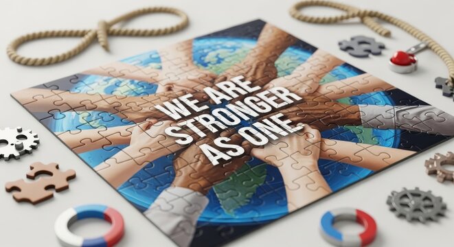 Puzzle pieces forming 'We Are Stronger As One' on Earth