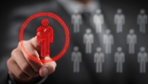 Selecting The Most Suitable Employee: Utilizing A Red Human Symbol To Represent The Chosen Candidate By The Recruiter. Hr, Hrm, Hrd, And Crm Strategies.