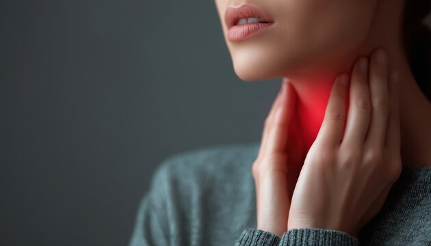 Close-Up Of Sick Young Woman With Throat Problems, Holding Hands On Lymph Nodes, Thyroid Gland, Painful Swallowing, Upper Respiratory Tract Inflammation.