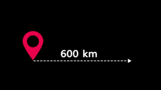 location icon on black background . 600 km distance icon. distance from one place to another is kilometer.