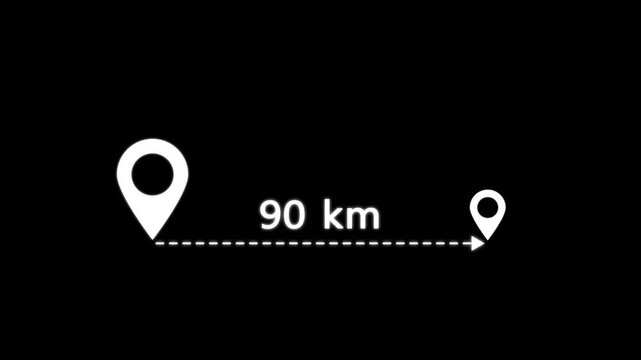 location icon on black background . 90 km distance icon. distance from one place to another is kilometer.