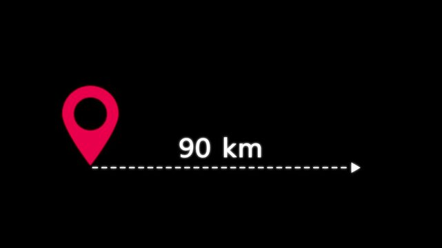 location icon on black background . 90 km distance icon. distance from one place to another is kilometer.