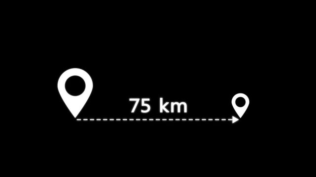 location icon on black background . 75 km distance icon. distance from one place to another is kilometer.