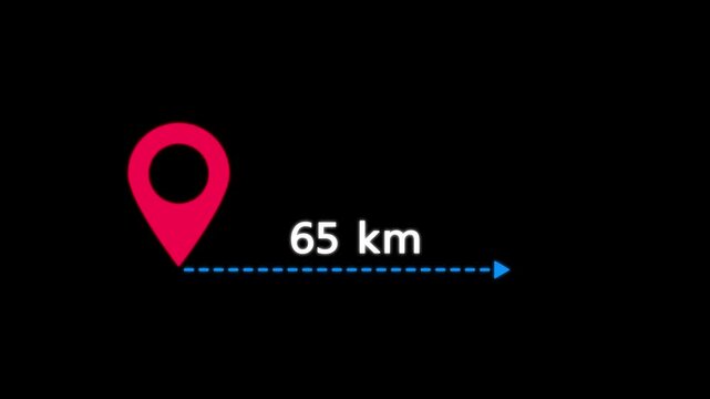 location icon on black background . 65 km distance icon. distance from one place to another is kilometer.
