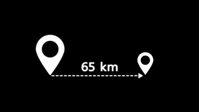location icon on black background . 65 km distance icon. distance from one place to another is kilometer.