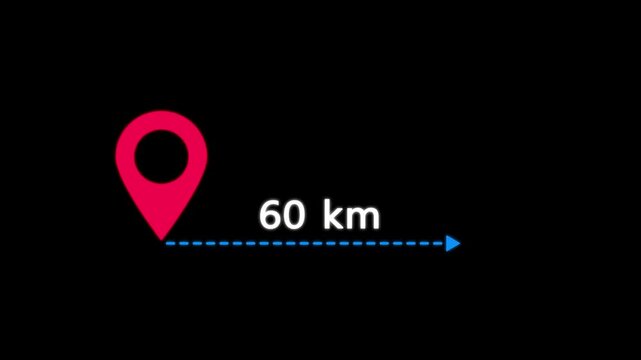 location icon on black background . 60 km distance icon. distance from one place to another is kilometer.