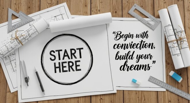 Blueprint for starting dreams on a wooden surface