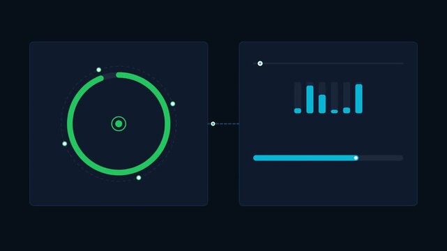 Dynamic digital interface showcasing data visualization with circular progress and bar graph analytics, ideal for modern UI/UX concepts
