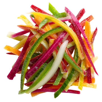 Colorful julienne cut vegetables piled on a white background